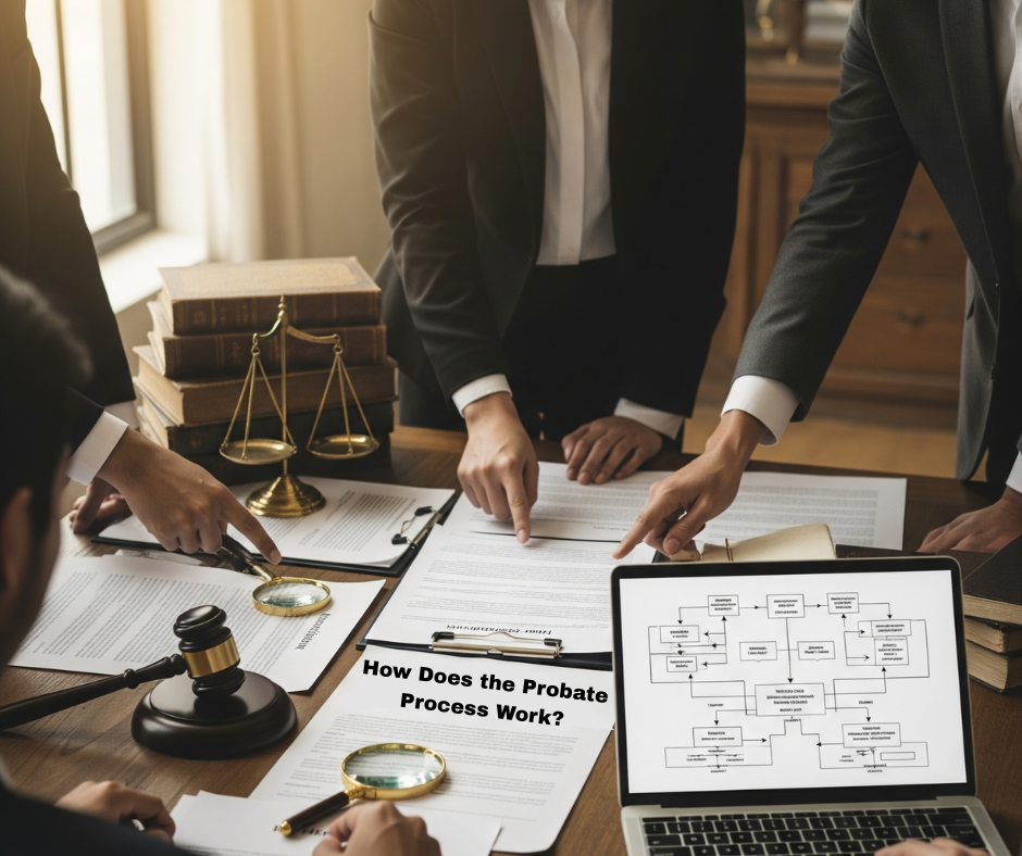 Lawyers discussing probate process documents, with charts and legal scales on the table, illustrating the workflow of probate procedures.