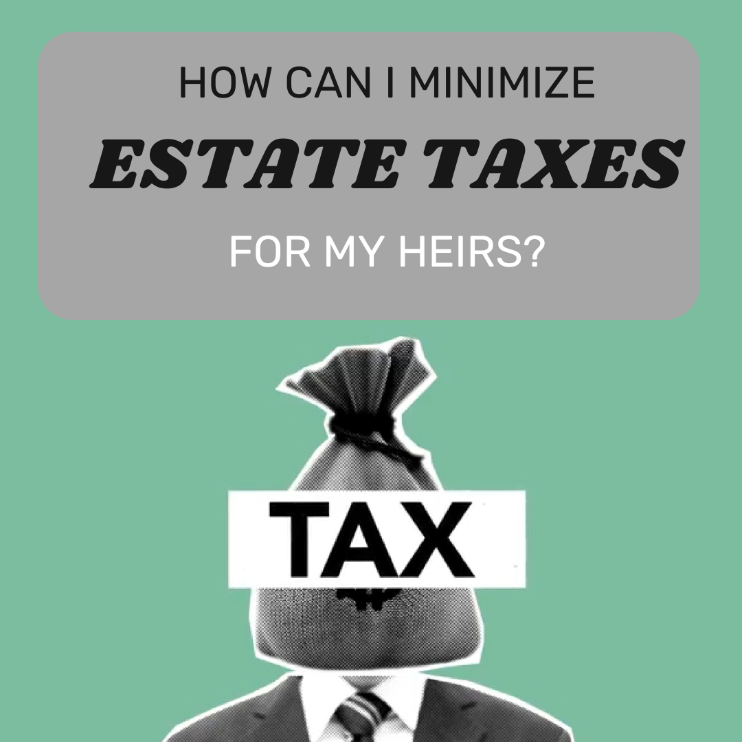 Man in a suit with a tax bag over his head, asking how to minimize estate taxes for heirs. Relevant to estate planning discussions.