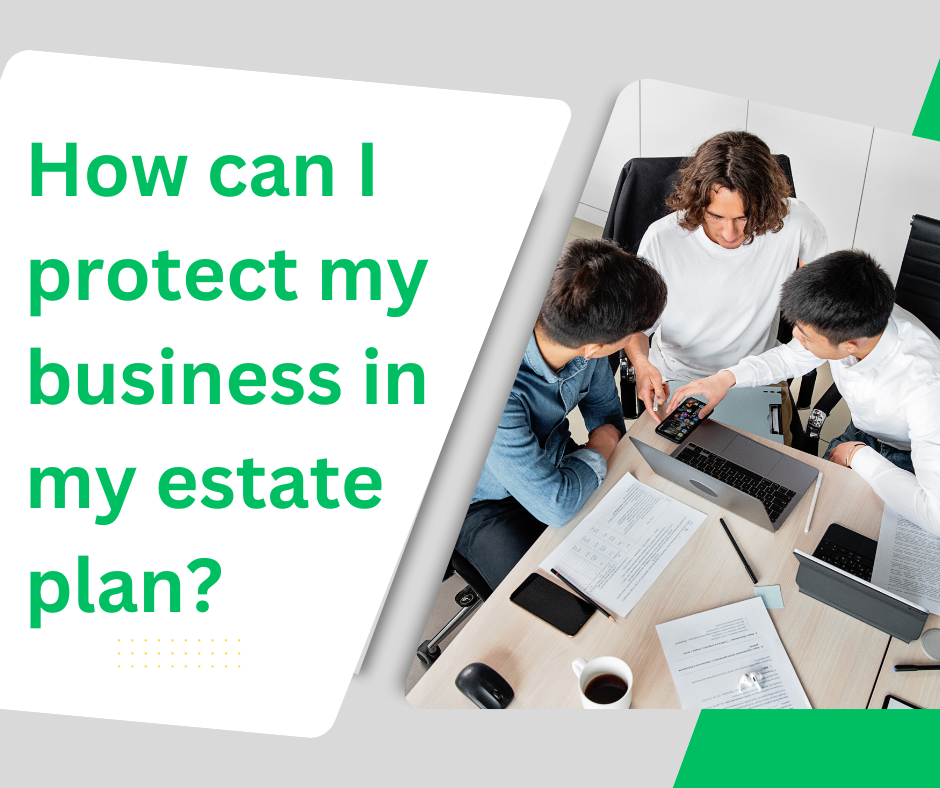 Three professionals discuss business strategies around a table, emphasizing the importance of estate planning for business protection.