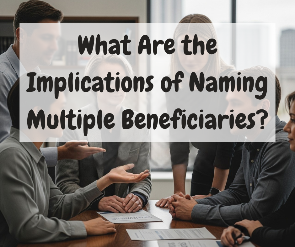 Group of professionals in a meeting discussing the implications of naming multiple beneficiaries, with a focus on strategic decision-making.