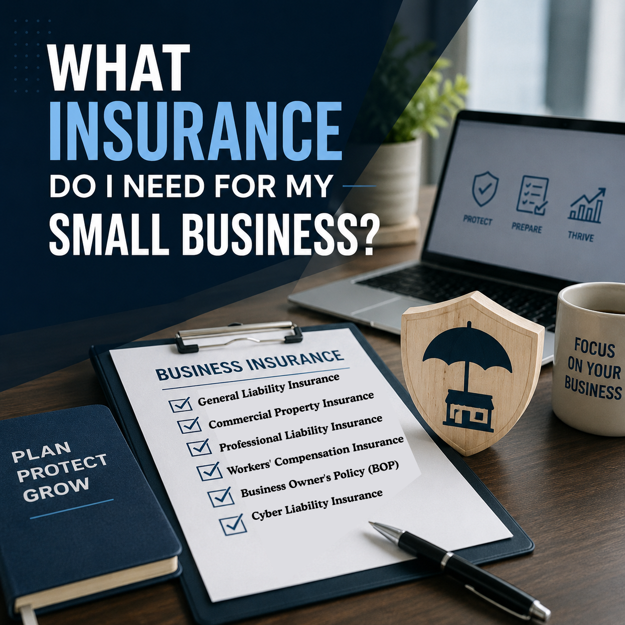 Checklist of essential business insurances on a clipboard, with a laptop and coffee cup in the background. Highlights importance for small business protection.