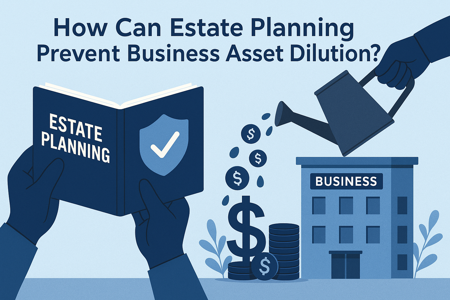Hands hold a book titled "Estate Planning," while a watering can pours coins onto a building labeled "Business," illustrating the impact of estate planning on asset preservation.
