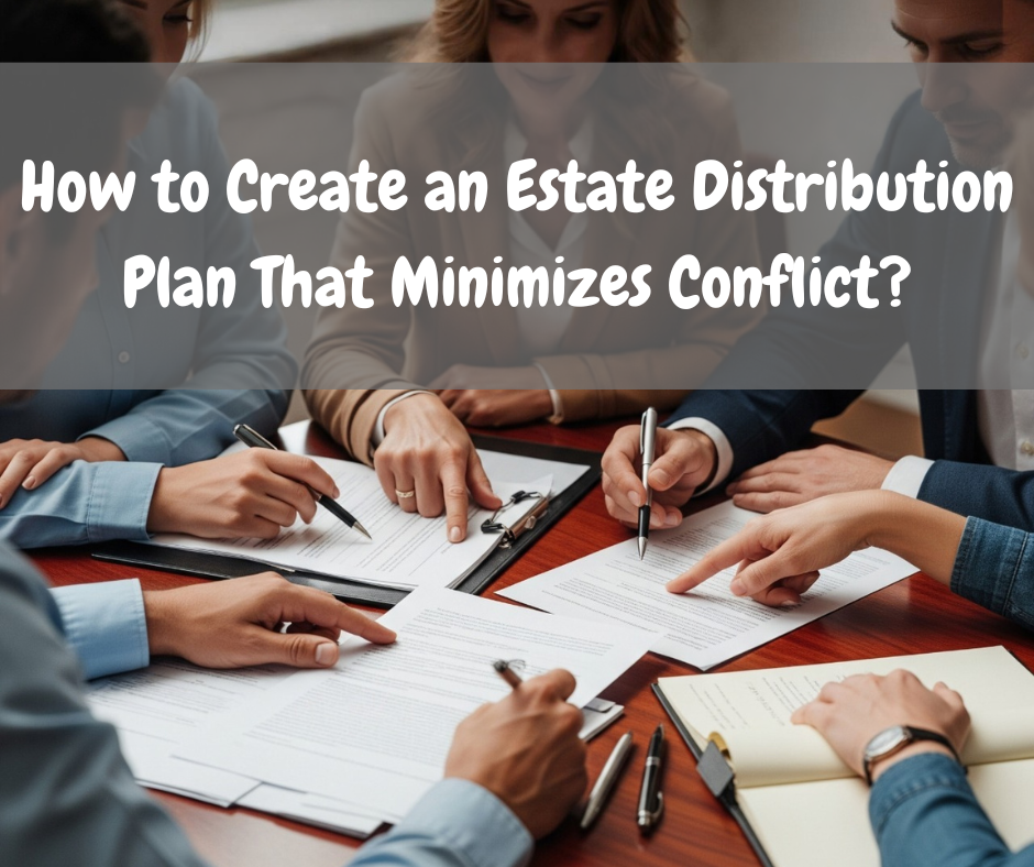 Group of people collaborating around a table, reviewing documents and notes, focused on developing an estate distribution plan to prevent conflicts.