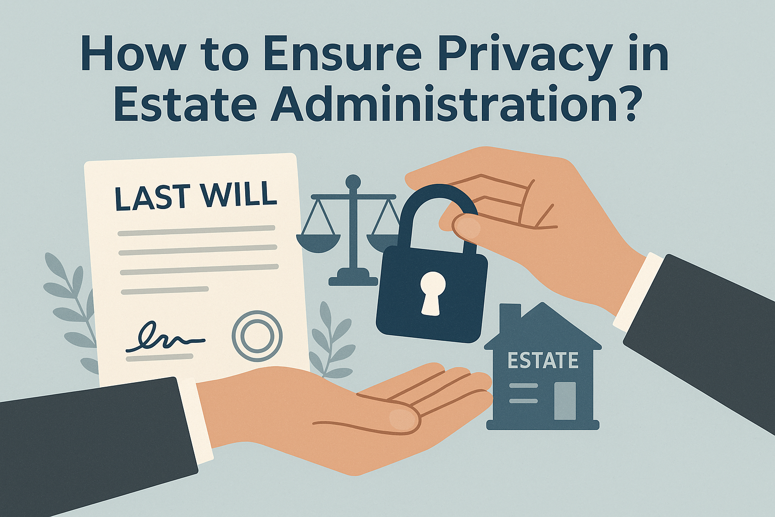 Hands holding a lock and a will beside a house outline, illustrating key concepts of privacy in estate administration.