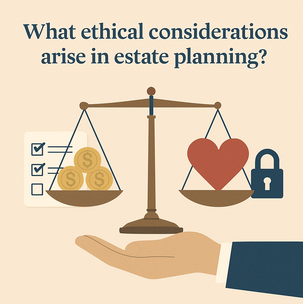 A hand holds a scale balancing money and a heart, symbolizing ethical considerations in estate planning, highlighting the importance of moral responsibility in financial decisions.