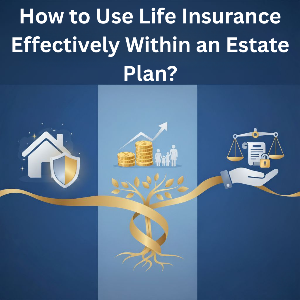 Visual guide explaining the use of life insurance in estate planning, featuring icons of a house, money, family, and legal scales on a blue background.