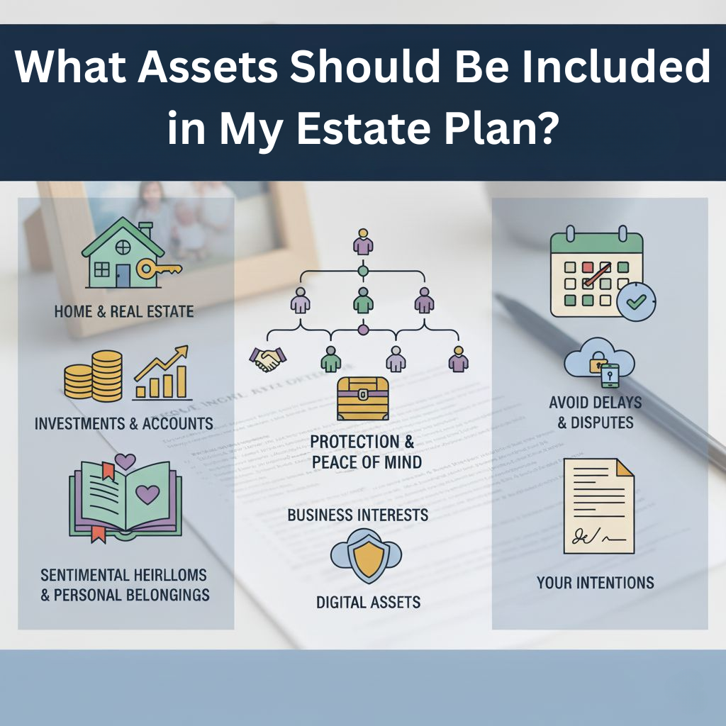 Graphic outlining key assets to include in an estate plan: home, investments, sentimental items, business interests, and digital assets.