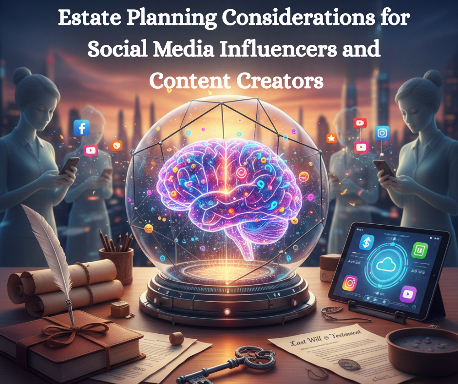A digital brain within a glass globe, surrounded by social media icons, symbolizes estate planning for influencers and content creators.