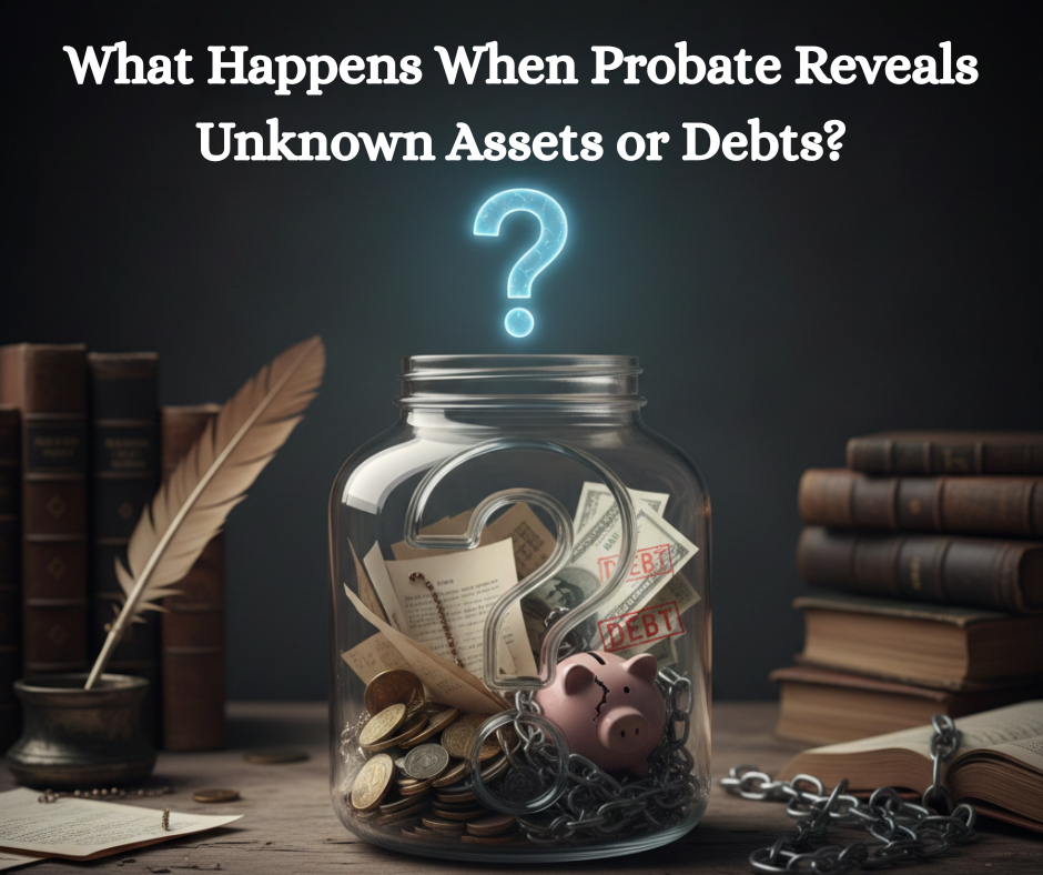 Jar filled with papers, a piggy bank, and chains, symbolizing unknown assets and debts in probate. A question mark suggests uncertainty in the process.