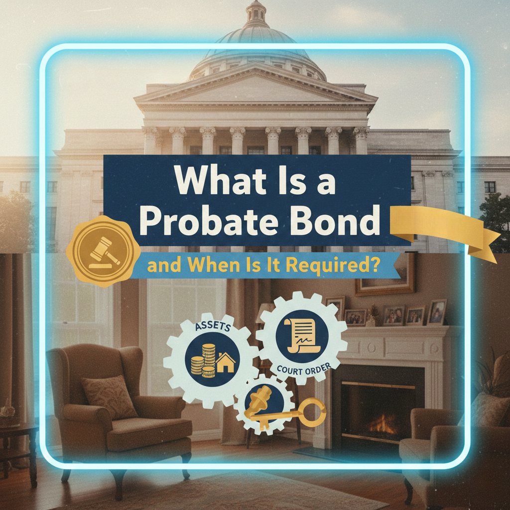 Graphic explaining probate bonds, featuring a courthouse background and icons representing assets, court orders, and gears. Relevant for legal and financial contexts.