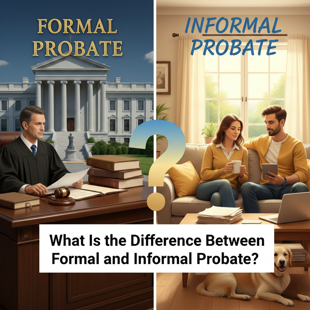 Split image contrasting formal and informal probate processes. On the left, a judge at a courtroom; on the right, a couple discussing legal documents at home.