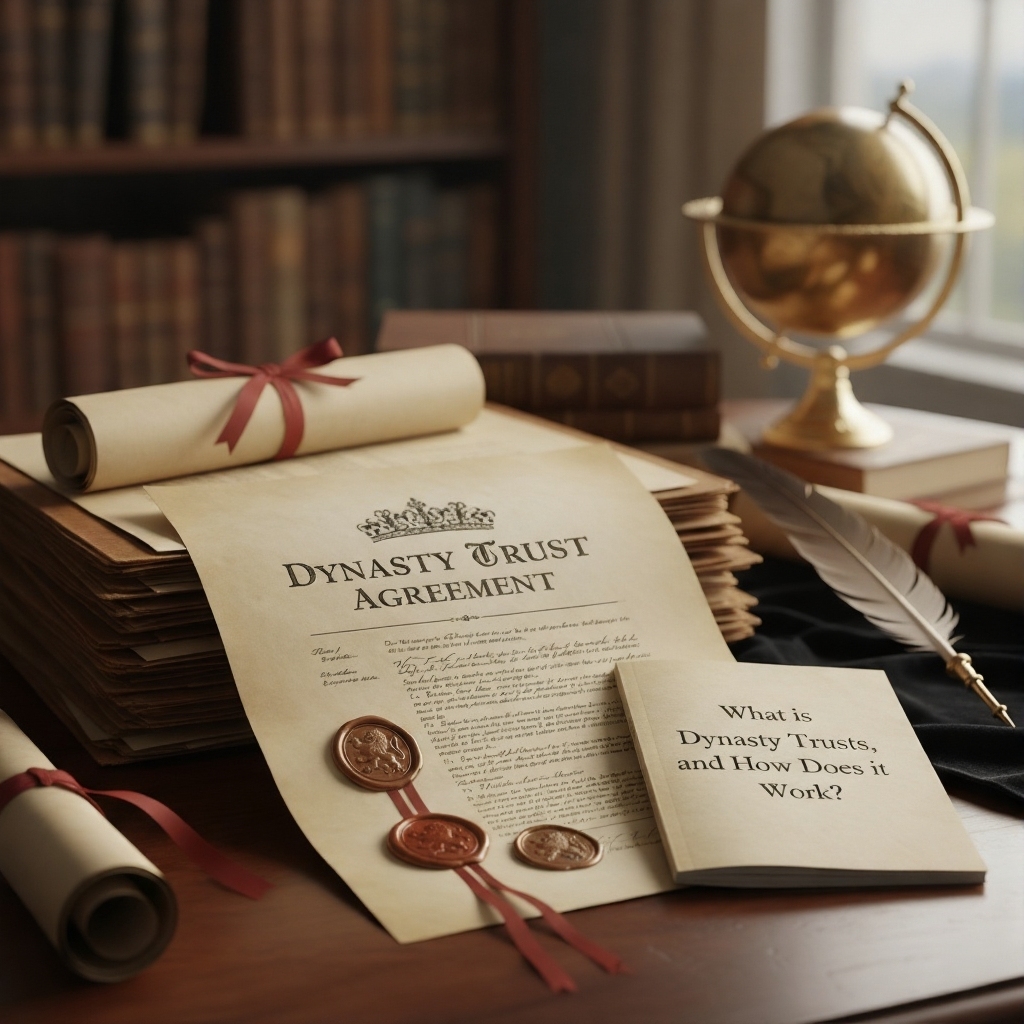 Dynasty Trust Agreement highlighted among legal documents, with a globe and quill nearby. Represents estate planning and financial strategies.