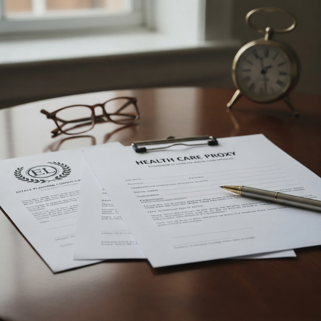 Documents labeled "Health Care Proxy" and others on a wooden table, alongside glasses and a clock, suggest preparation for medical decision-making.