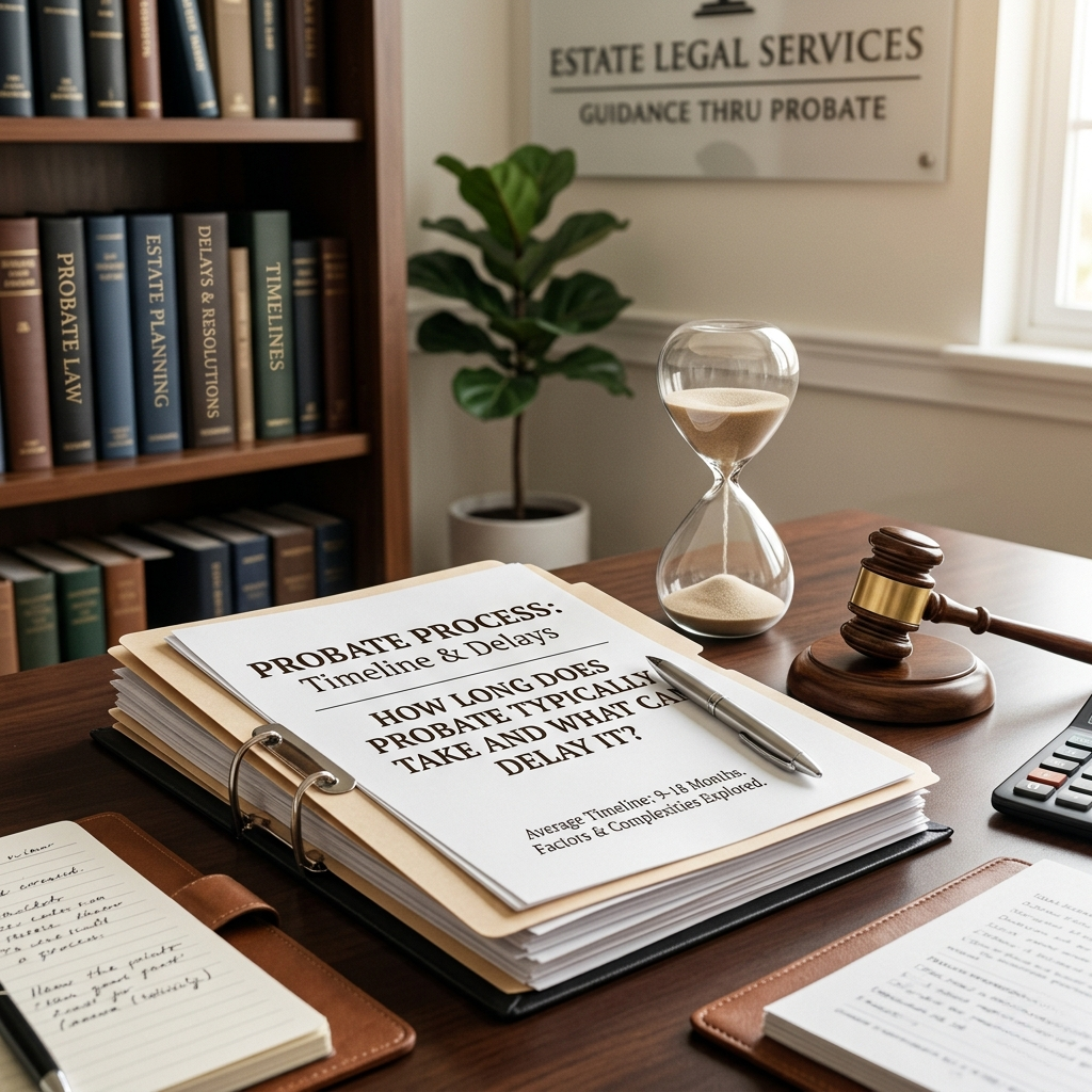 A desk with legal documents about probate processes, an hourglass, and a gavel, symbolizing estate legal services and time management in probate.