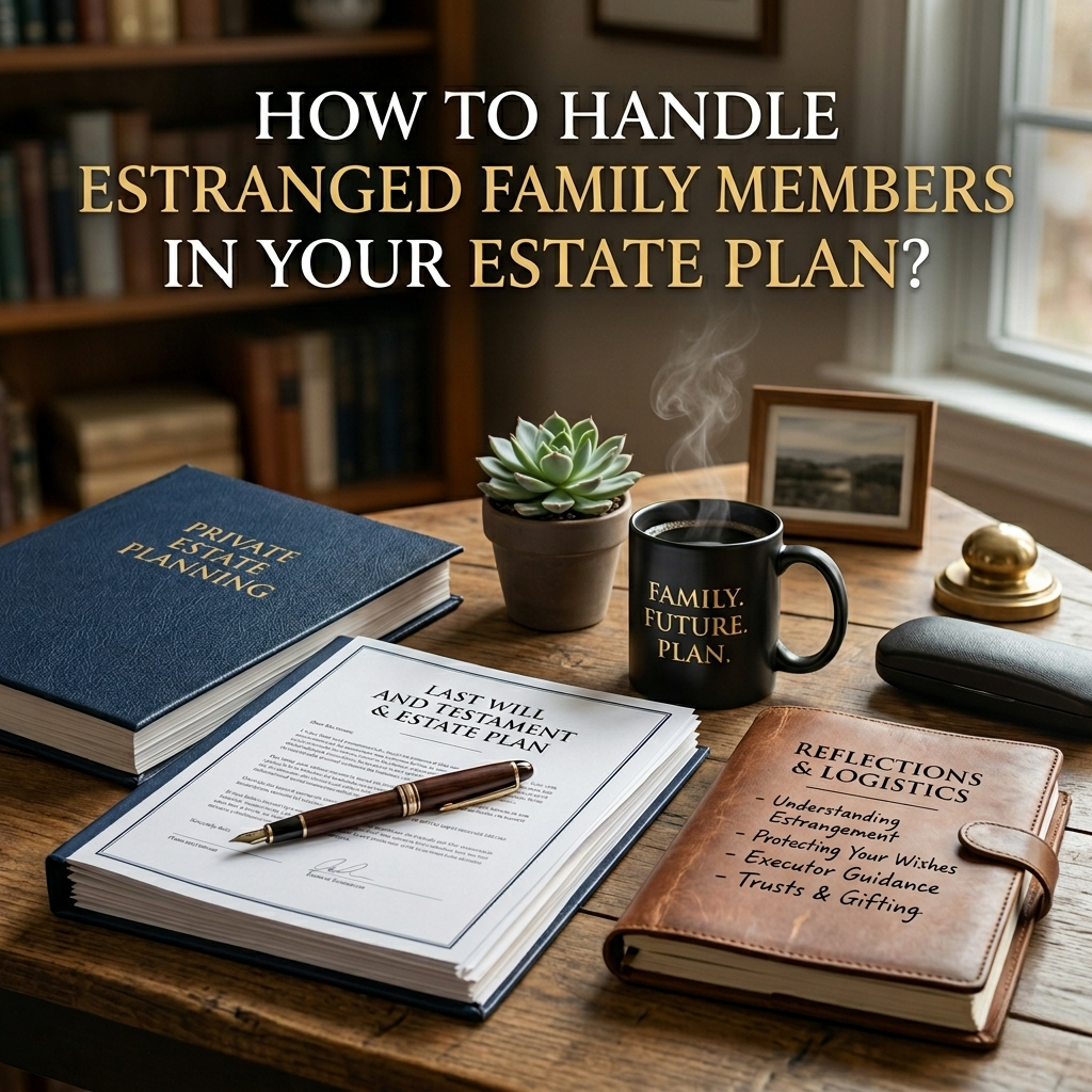 Desk with estate planning materials, a coffee mug, and a plant. Text asks about managing estranged family members in estate planning, highlighting relevant guidance.