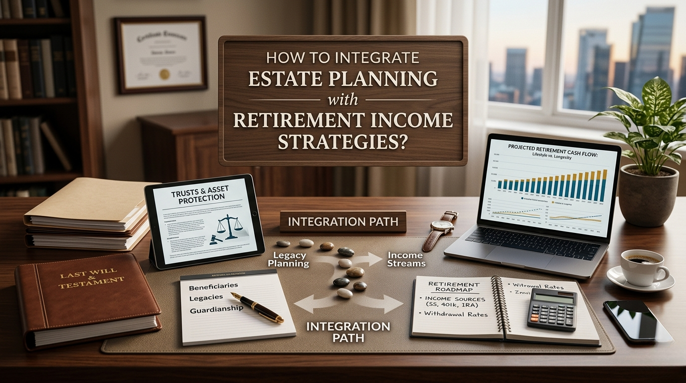 Desk set up to illustrate estate planning and retirement income strategies. Documents, devices, and graphs emphasize integration methods for financial planning.