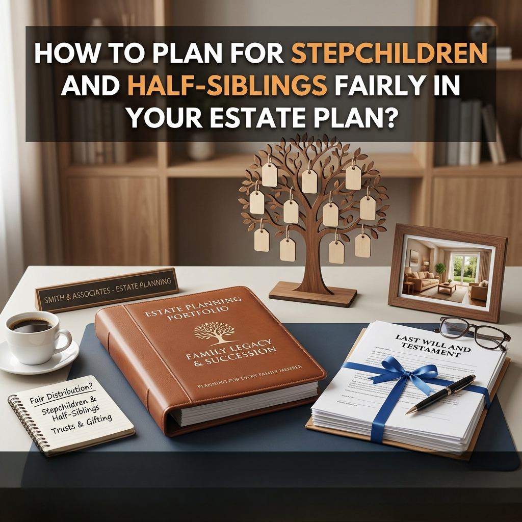 A desk setup featuring a family tree, estate planning books, a coffee cup, and a framed photo, highlighting planning for stepchildren and half-siblings.