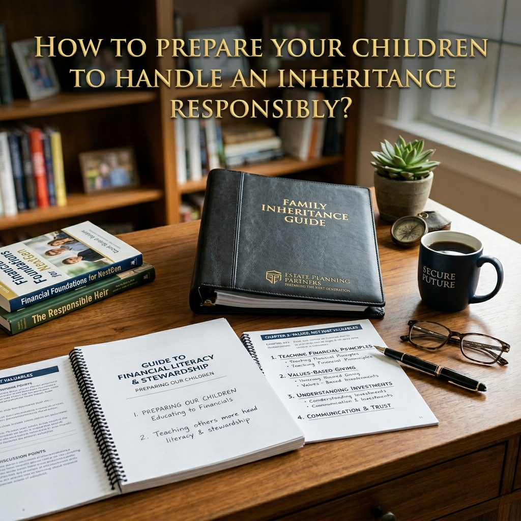Family Inheritance Guide sits prominently on a desk alongside financial literacy books and a checklist, highlighting resources for teaching children responsible inheritance management.