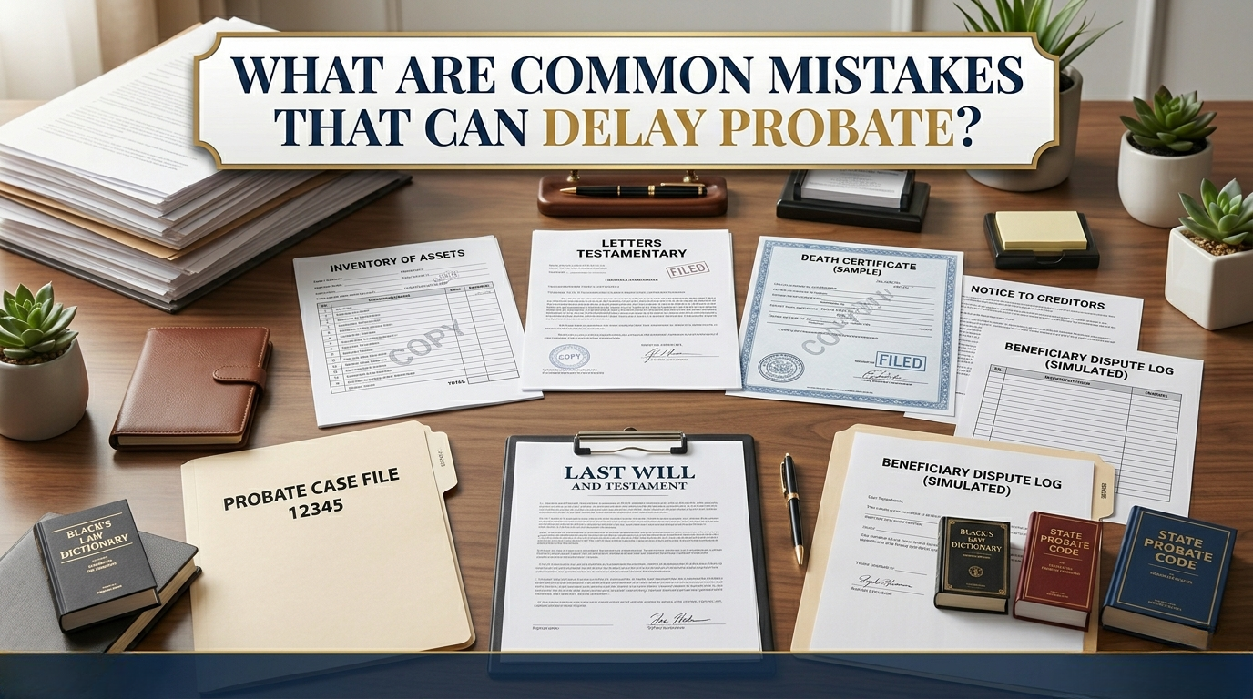Documents related to probate, including a will, case file, and certificates, are laid out on a desk, highlighting common probate mistakes and their impact.