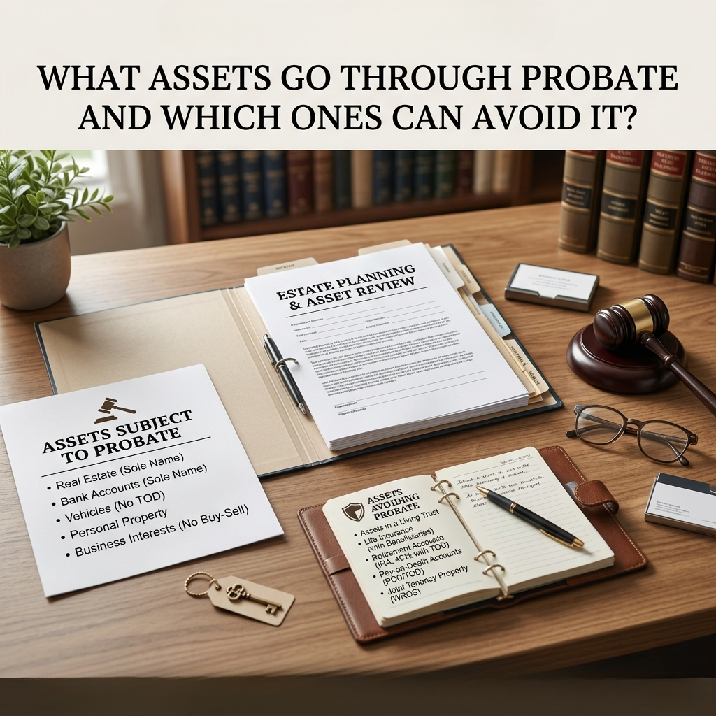 Desk featuring estate planning documents, a clipboard titled "Estate Planning & Asset Review," and a clipboard listing assets subject to probate, emphasizing the importance of understanding probate processes.